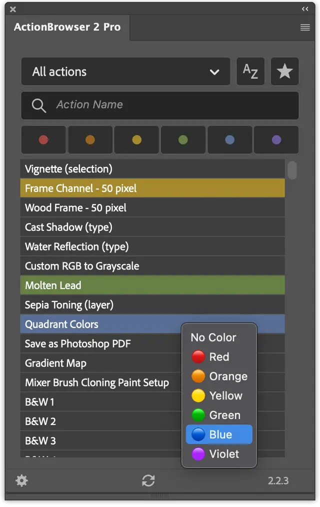 ActionBrowser 2 Photoshop panel showing action search, color labels, and favorites