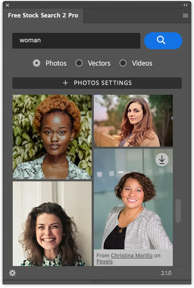 Free Stock Search Photoshop panel displaying free portrait photo search results